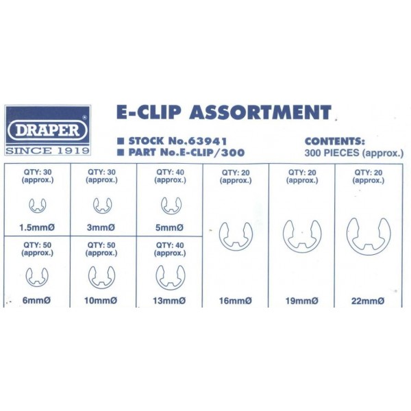 Clips type E assortment ( 300 pieces) all sizes