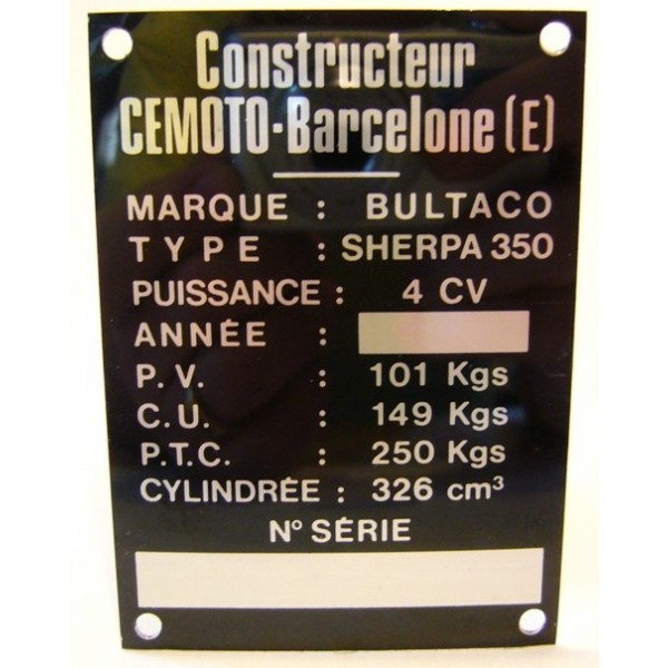 BULTACO Sherpa 250 plaque d'identification aluminium