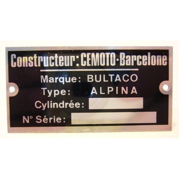 BULTACO Alpina plaque d'identification aluminium