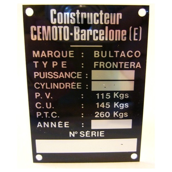 BULTACO Frontera Frame identification plate