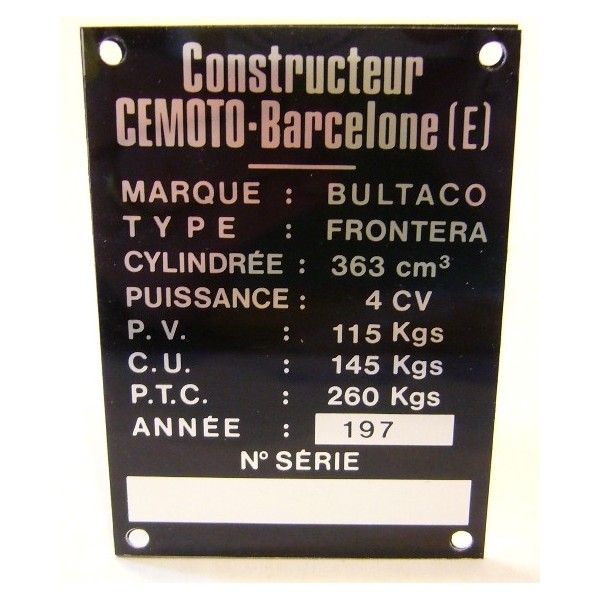 BULTACO Frontera 250 plaque d'identification aluminium